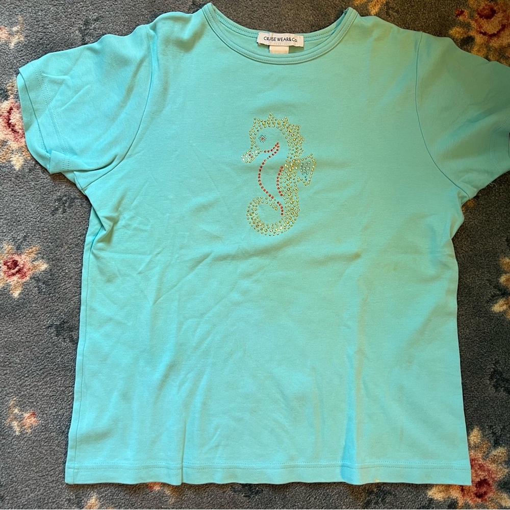 Cruisewear & Co Aqua Seahorse rhinestone Tee small